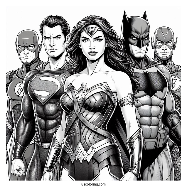 Justice League Coloring Page Of Realistic Superman, Cyborg, Wonder Woman, Aquaman, Flash, And Batman