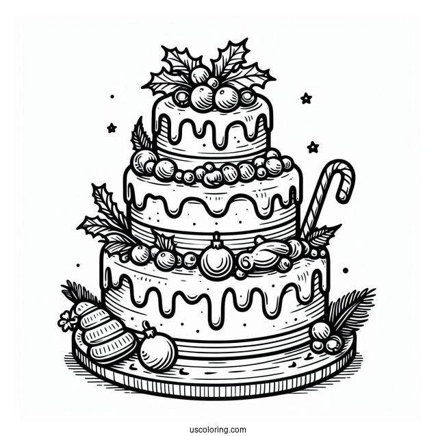 Detailed Christmas Tiered Cake Coloring Page