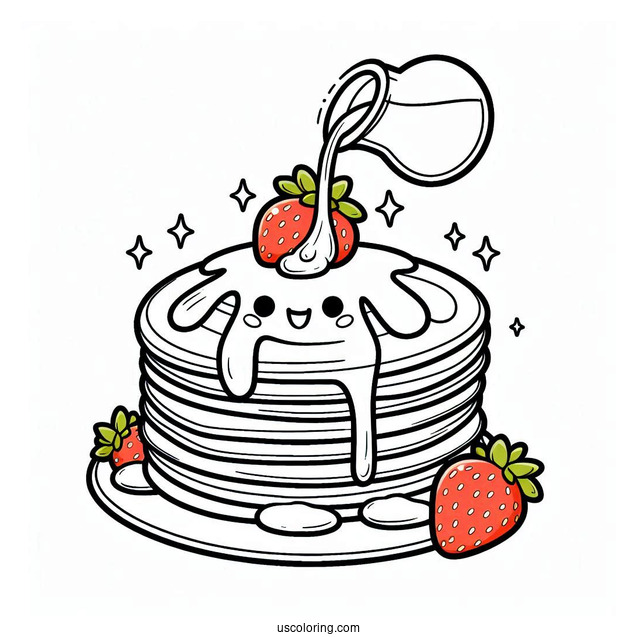 Cartoon Pancake Coloring Page With Overflowing Syrup And Strawberries For Kids