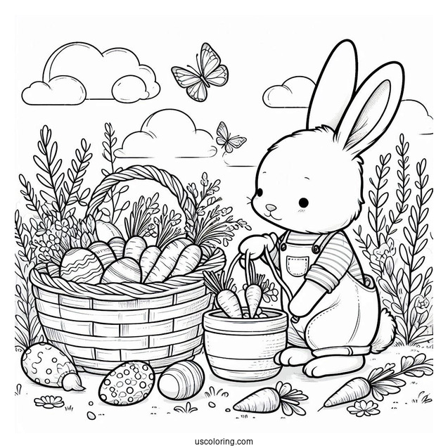 Easter Coloring Page Of Rabbits Harvesting Carrots And Easter Eggs