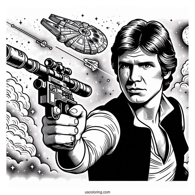 Han Solo Shooting Blaster Pistol Coloring Sheet
