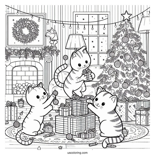 Christmas Coloring Pages For Adults Of Three Cats Playing In Living Room With Christmas Tree