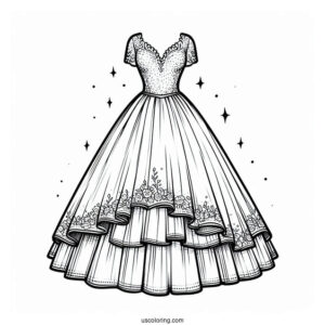 Wedding Dress Coloring Page With Short Sleeves And Tiered Tulle Tail