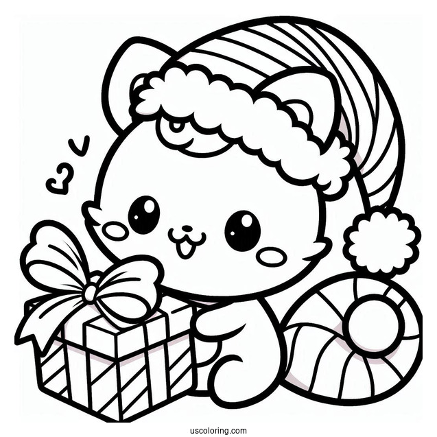 Easy Pochacco Coloring Page In Santa Hat Holding Christmas Present