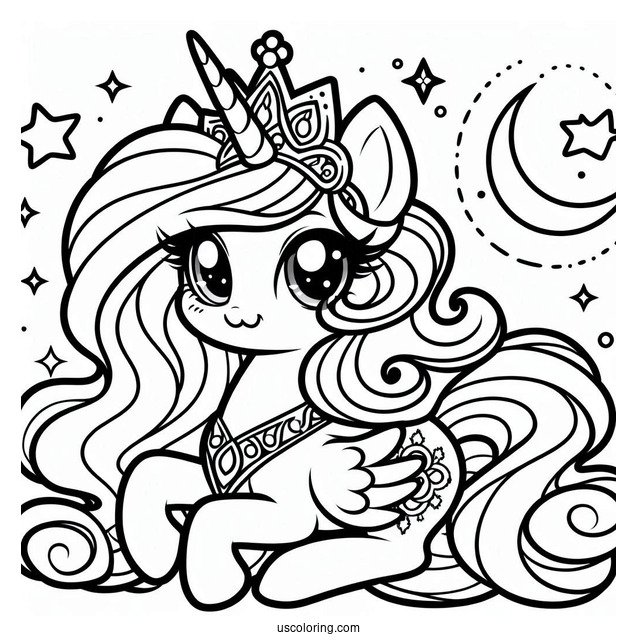 Kawaii Princess Celestia Coloring Page With Stars For Preschoolers