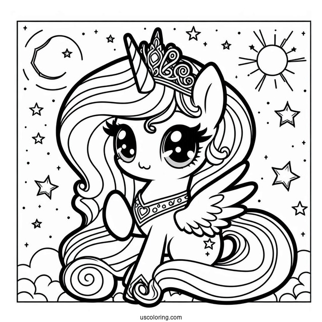 Kawaii Princess Celestia Coloring Page With Stars For Preschoolers