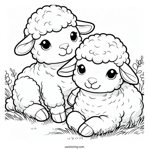 Two Cute Lambs Resting On Grass To Color