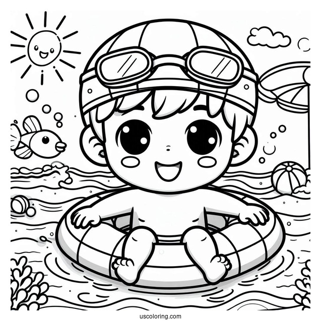 Swimming Coloring Page Of Happy Little Boy Wearing Pool Float For Kids