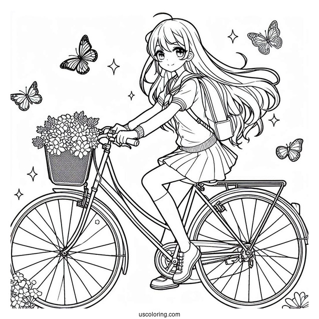 Anime Girl Riding Bicycle Coloring Page