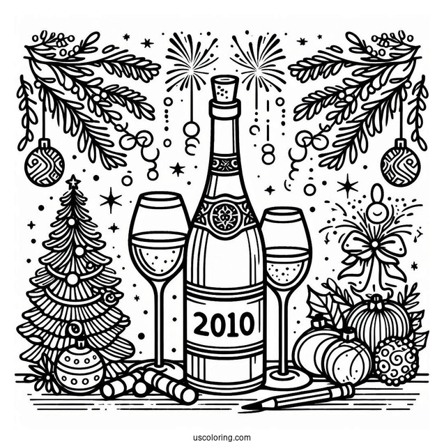 New Year Coloring Page Of Wine Bottle And Glasses