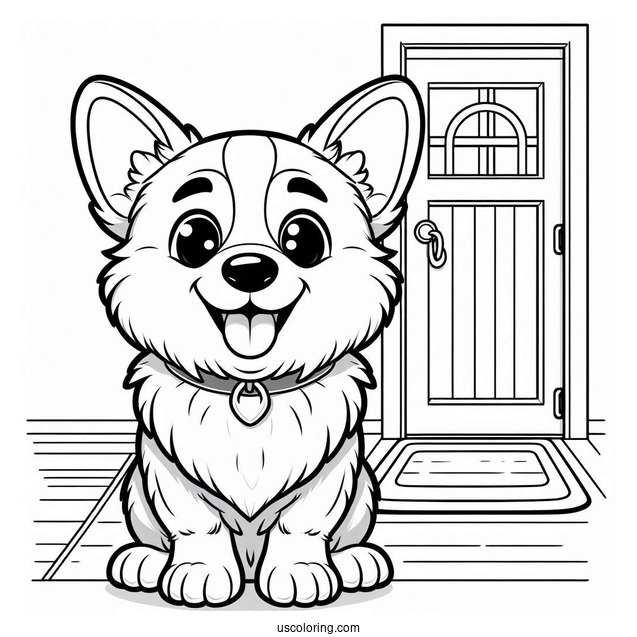 Smiling Corgi In Front Of Door To Color