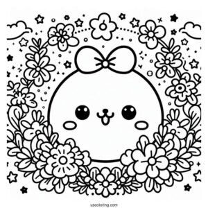 Cute Coloring Page Of Pompompurin Surrounded By Flowers And Stars