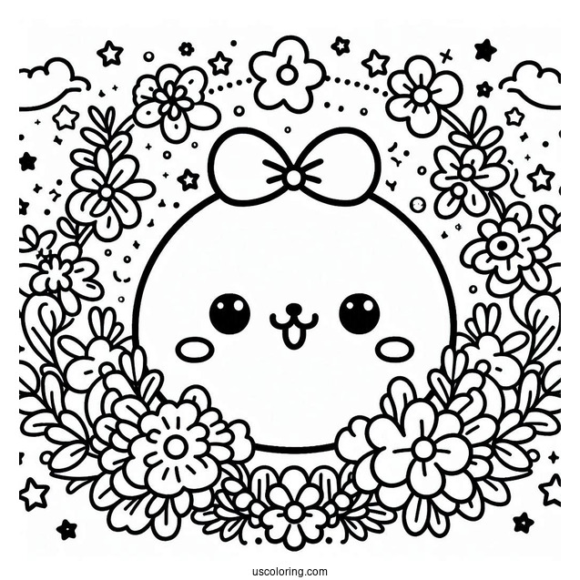 Cute Coloring Page Of Pompompurin Surrounded By Flowers And Stars