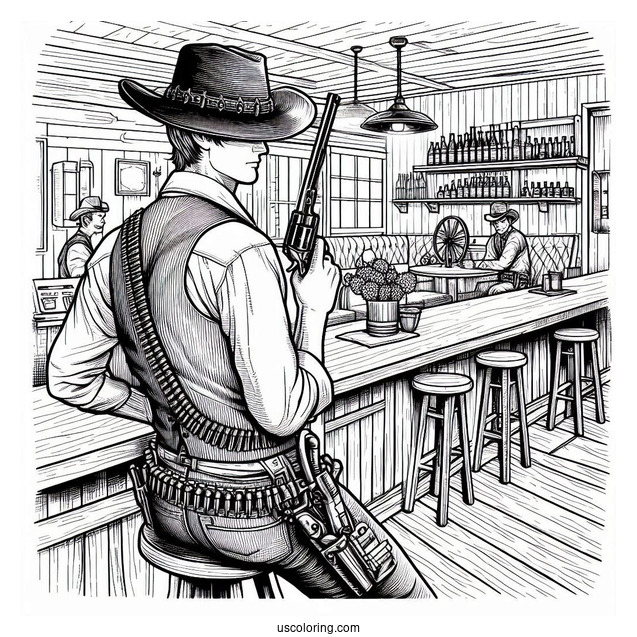 Realistic Cowboy Coloring Page With Gun In Saloon