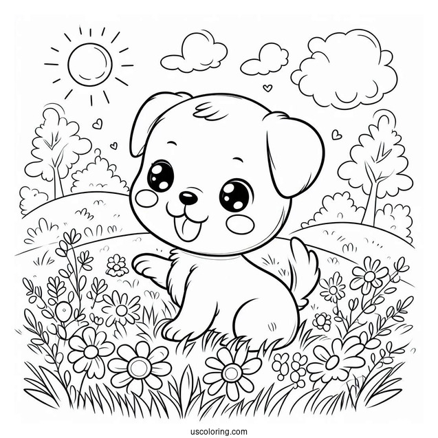 Cute Coloring Page Of Puppy Playing In A Field For Kids