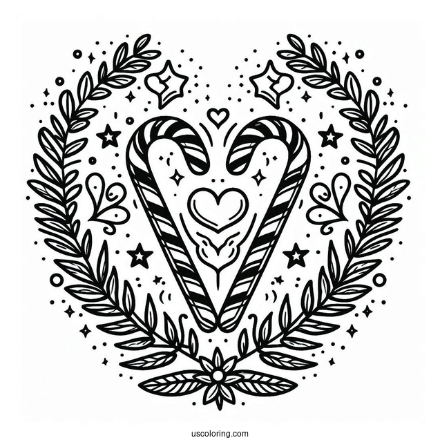 Love Heart Candy Cane Coloring Page With Laurels And Stars