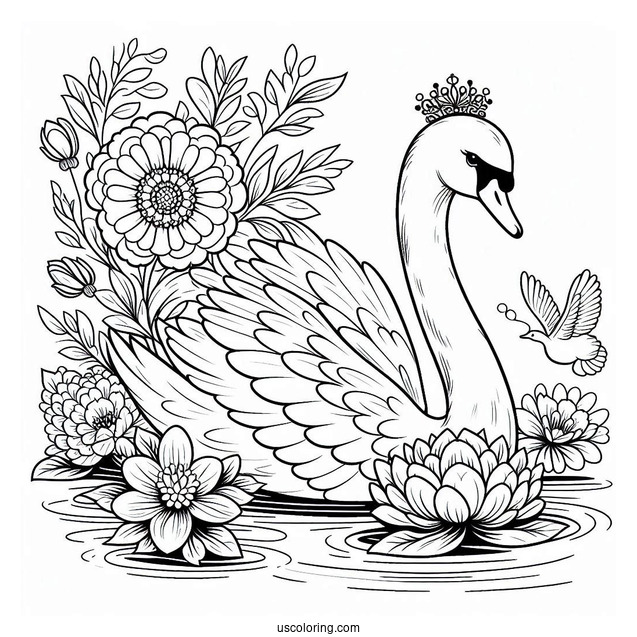 Regal Swan Coloring Page Floating In Pond With Large Flowers