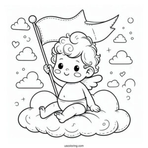 Baby Coloring Page Sitting On A Cloud Holding A Flag