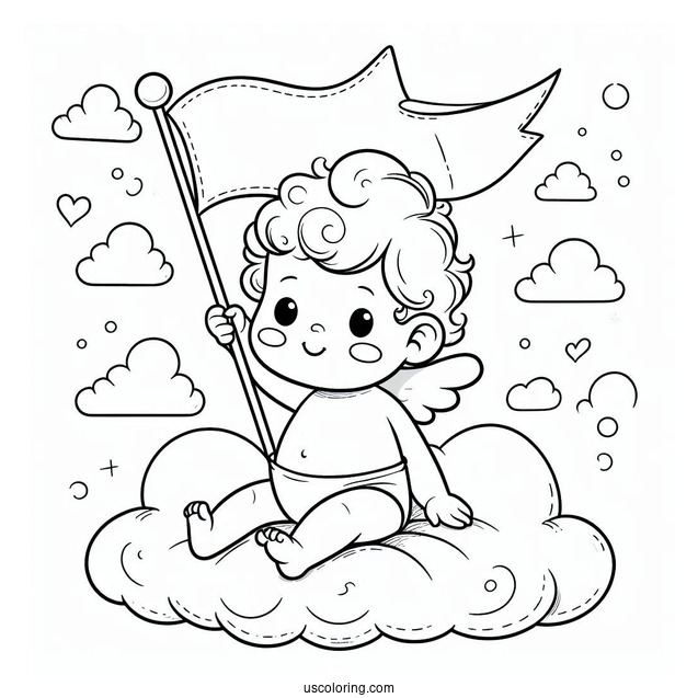 Baby Coloring Page Sitting On A Cloud Holding A Flag