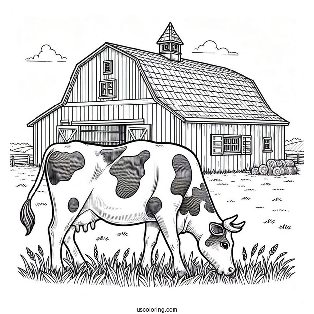 Cow Grazing In Front Of Farm Barn