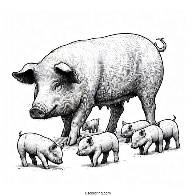 Realistic Mother Pig With Piglets To Color