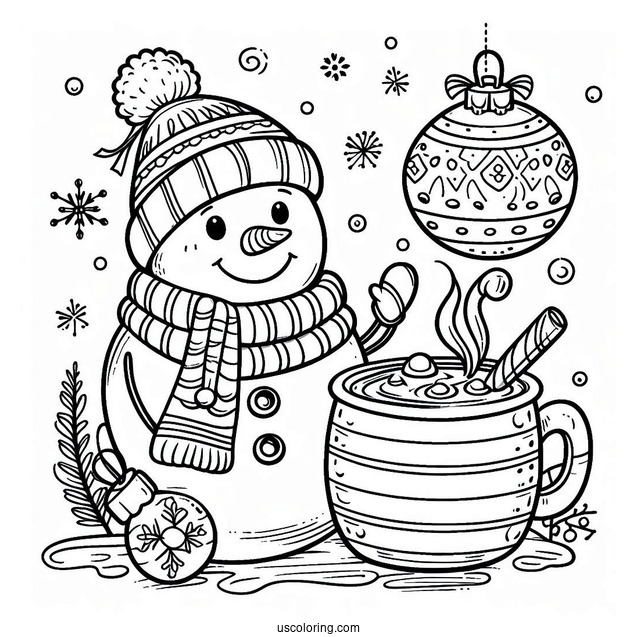 Snowman Holding Hot Chocolate In The Snow Bauble Christmas Ornaments Coloring Page