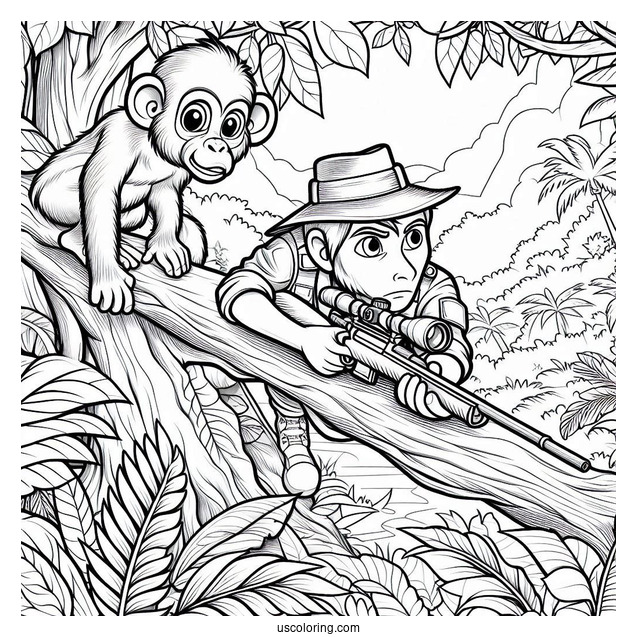Monkey Creeping Up On Hunter With Gun In Jungle Coloring Page