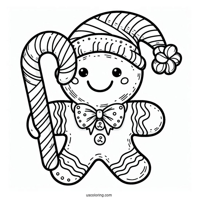 Gingerbread Man Holding Candy Cane Coloring Page