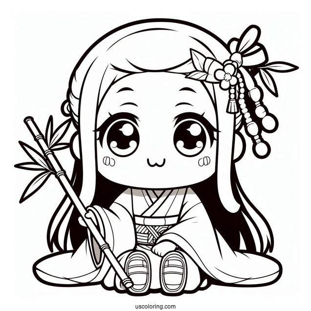 Kawaii Chibi Nezuko Coloring Page Wearing Bamboo