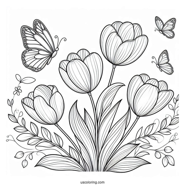 Flower Coloring Pages Of Three Tulips With Butterfly
