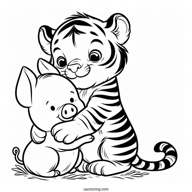 Tiger Hugging Piglet Coloring Page