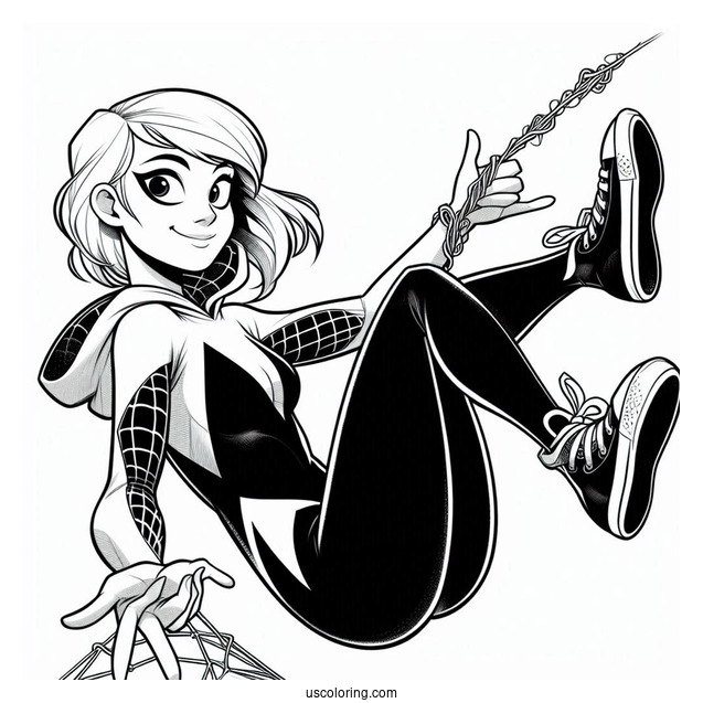 Cool Spider-Gwen Coloring Page Swinging From A Web