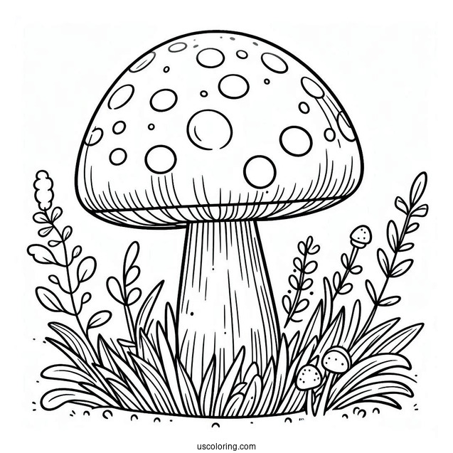 Easy Fly Agaric Mushroom Coloring Page Surrounded By Grass For Kids