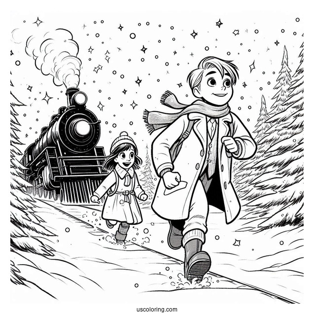 Polar Express Coloring Page Of Lonely Boy And Hero Girl Chasing Hero Boy In The Snow