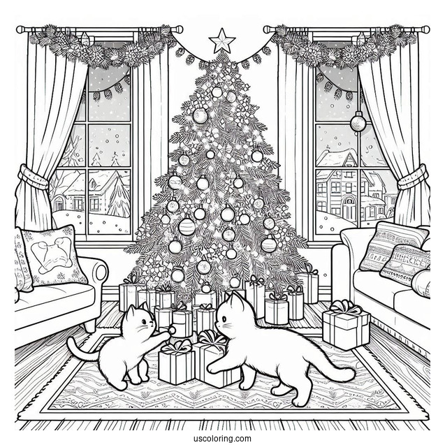 Christmas Coloring Pages For Adults Of Three Cats Playing In Living Room With Christmas Tree