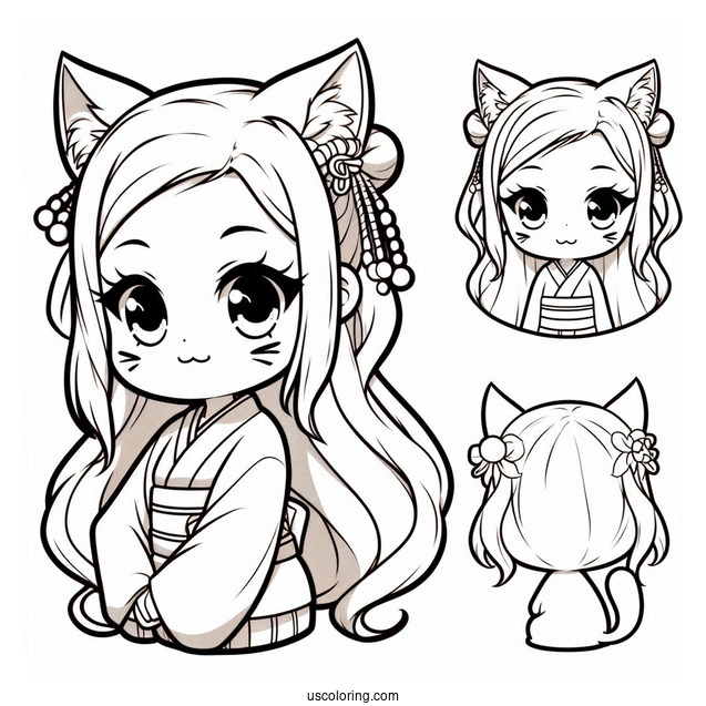 Cute Nezuko Coloring Page With Cat Ears And Tail