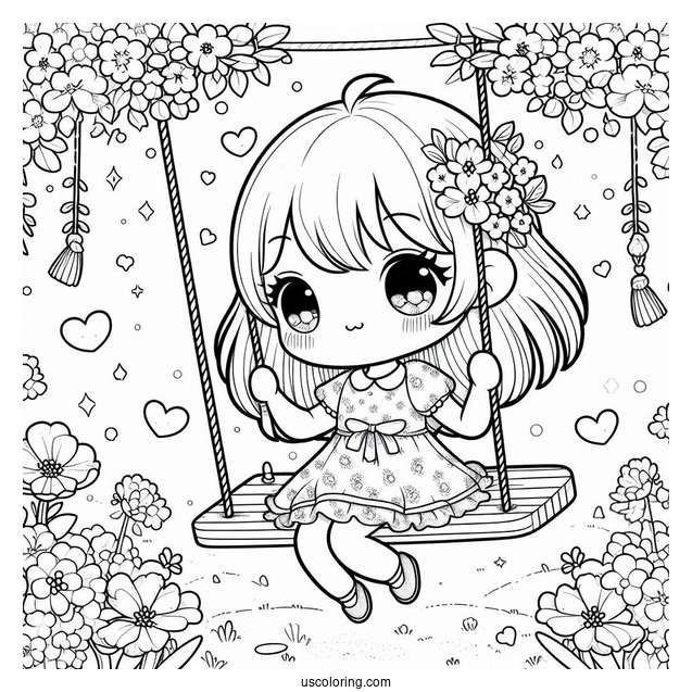 Kawaii Girl On Floral Swing In Spring Coloring Page Coloring Page For Kids