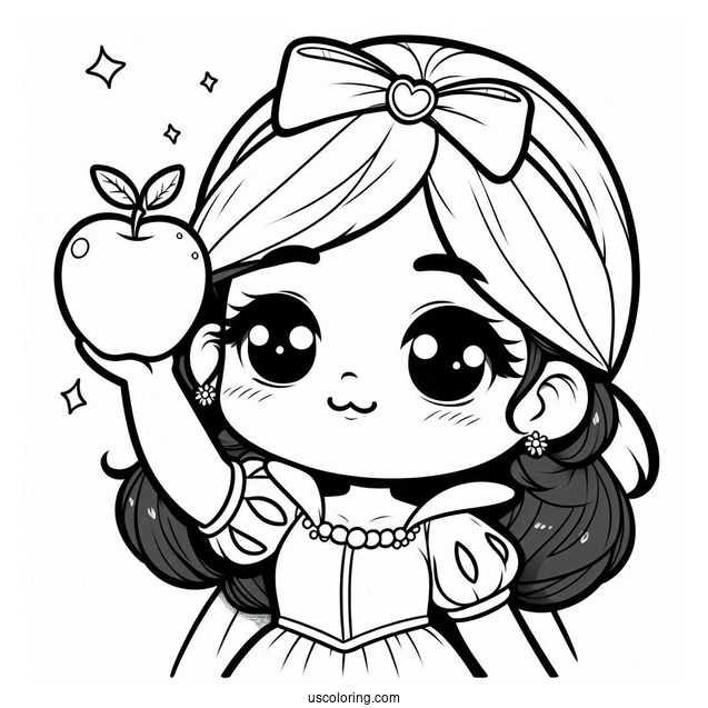 Cute Chibi Snow White Coloring Pages Of Holding Up An Apple For Kids