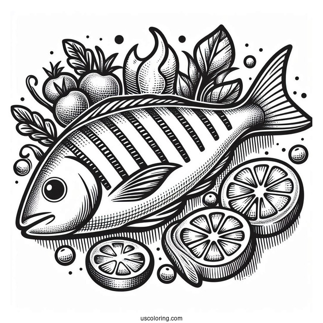Grilled Fish Coloring Picture