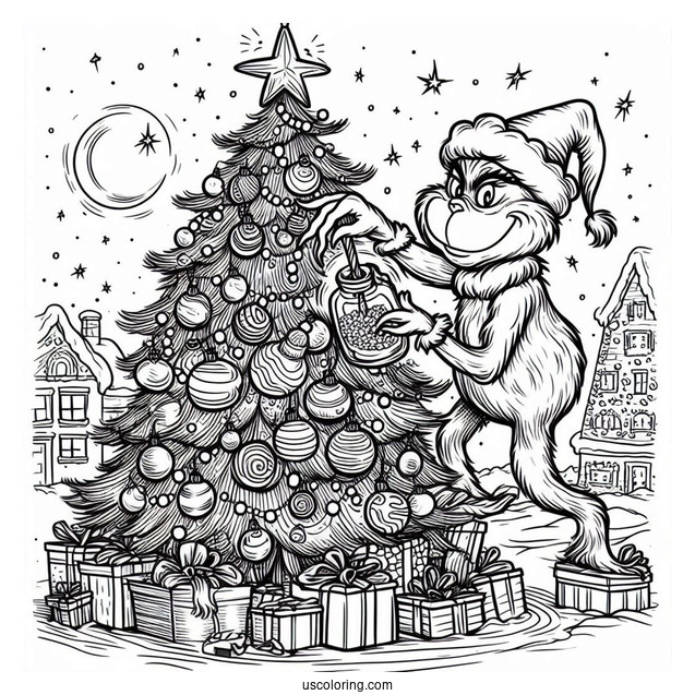 The Grinch Stealing a Christmas Tree Coloring Sheet