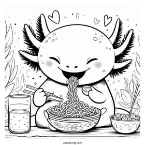 Axolotl Coloring Page Eating Ramen For Kids