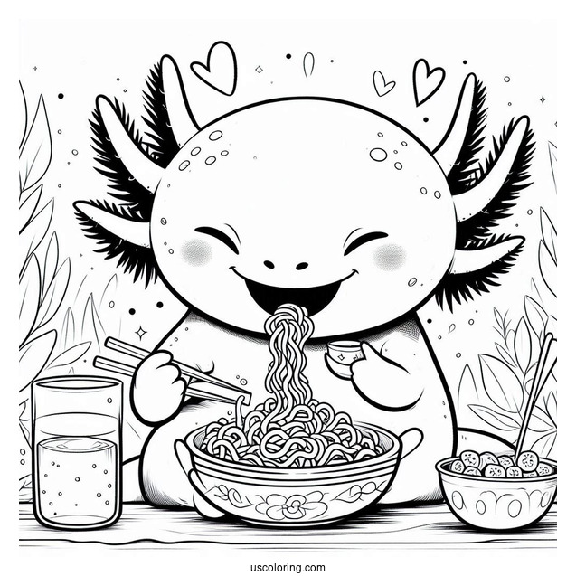 Axolotl Coloring Page Eating Ramen For Kids