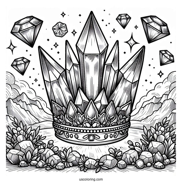 Crystal Crown Coloring Page in a Glittering Gemstone Cave