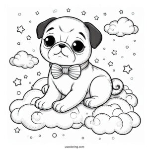 Lovable Pug Coloring Page Puppy Floating in the Clouds