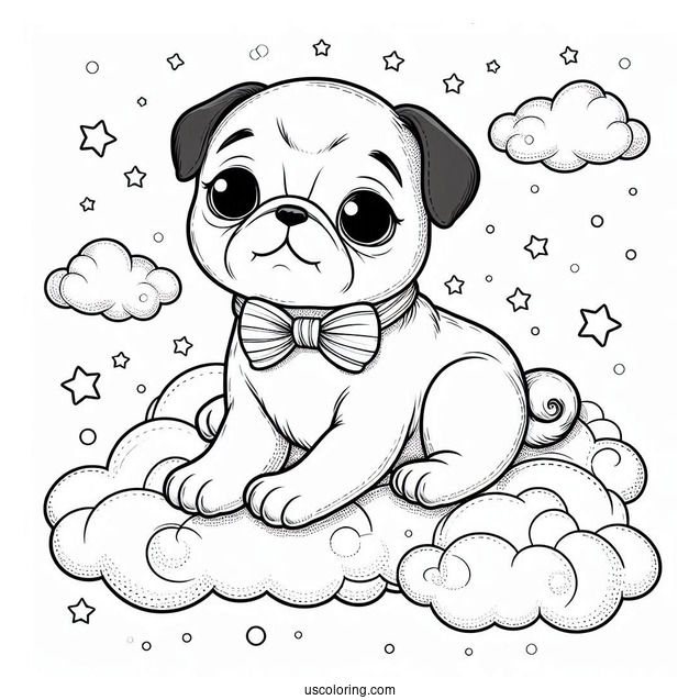 Lovable Pug Coloring Page Puppy Floating in the Clouds