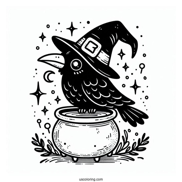 Cute Little Raven Coloring Page In A Witch s Hat With A Magical Cauldron