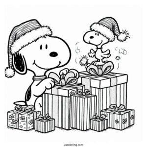 Snoopy And Woodstock Unwrapping Gifts During Christmas