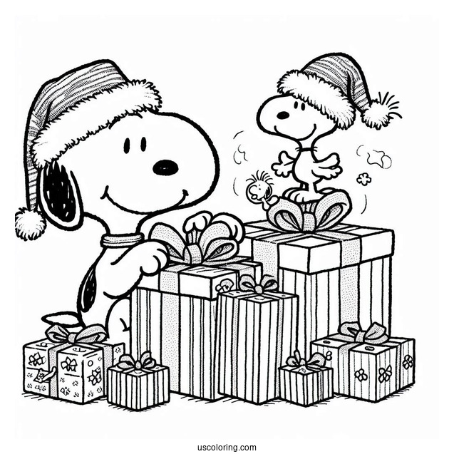 Snoopy And Woodstock Unwrapping Gifts During Christmas