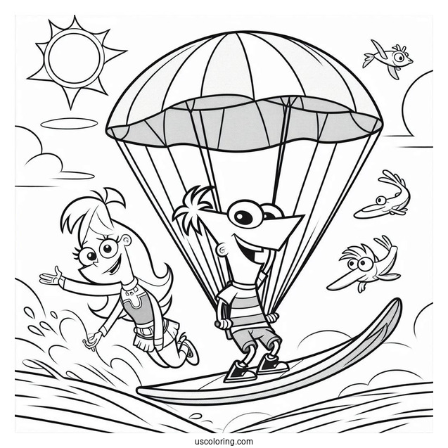 Phineas And Ferb Coloring Page And Candace Surfing With Perry The Platypus On A Parachute
