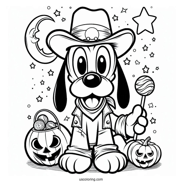 Pluto Coloring Page In Cowboy Costume Trick Or Treating For Halloween